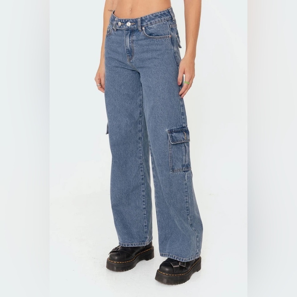 Edikted Deliah Denim Jeans Y2k Grunge Blue Cargo Wide leg Jeans XS - Picture 3 of 8